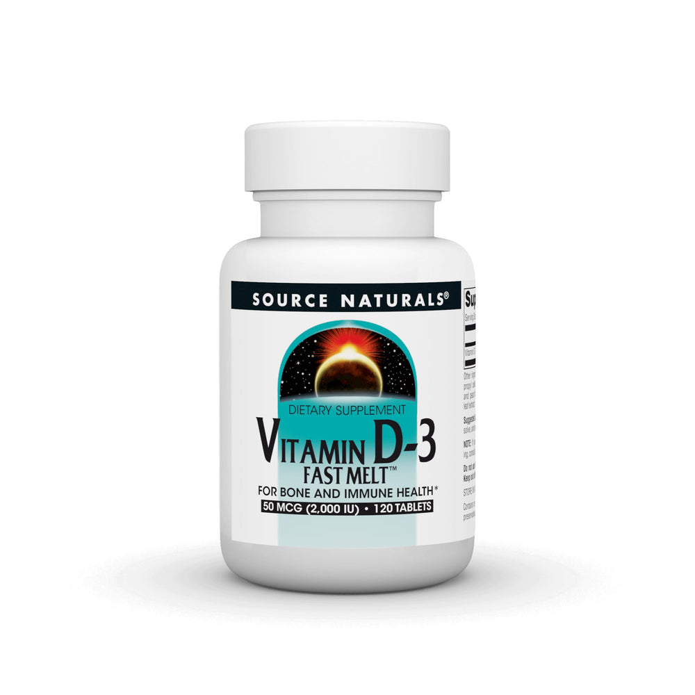 Bottle of Source Naturals Vitamin D-3 Fast Melt Black Cherry Peach flavor, 120 tablets