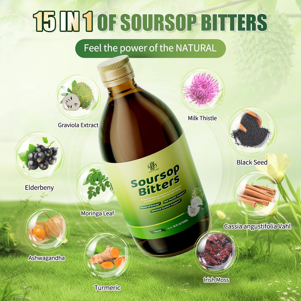 Close-up of 16 oz Soursop Bitters Liquid bottle label