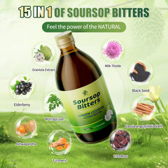 Close-up of 16 oz Soursop Bitters Liquid bottle label