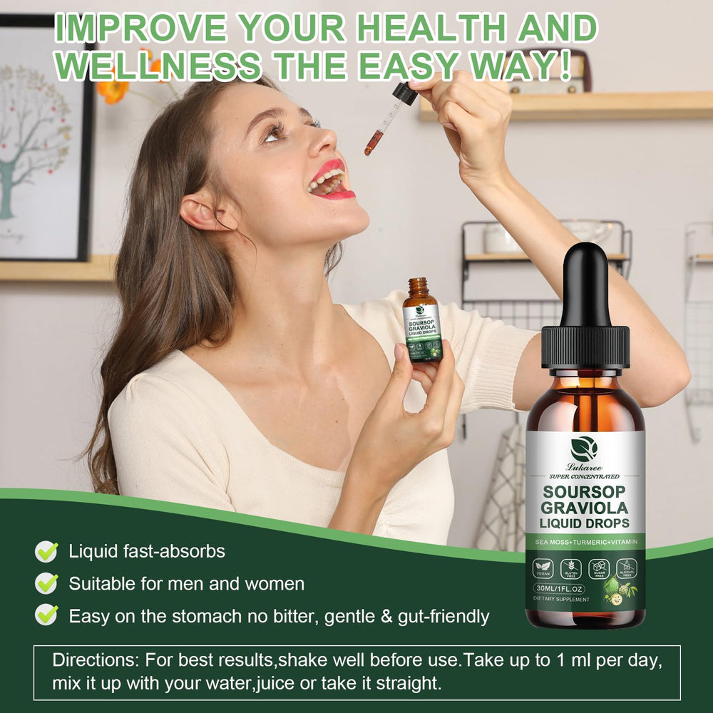 Two-pack bottle display of soursop liquid drops with sea moss