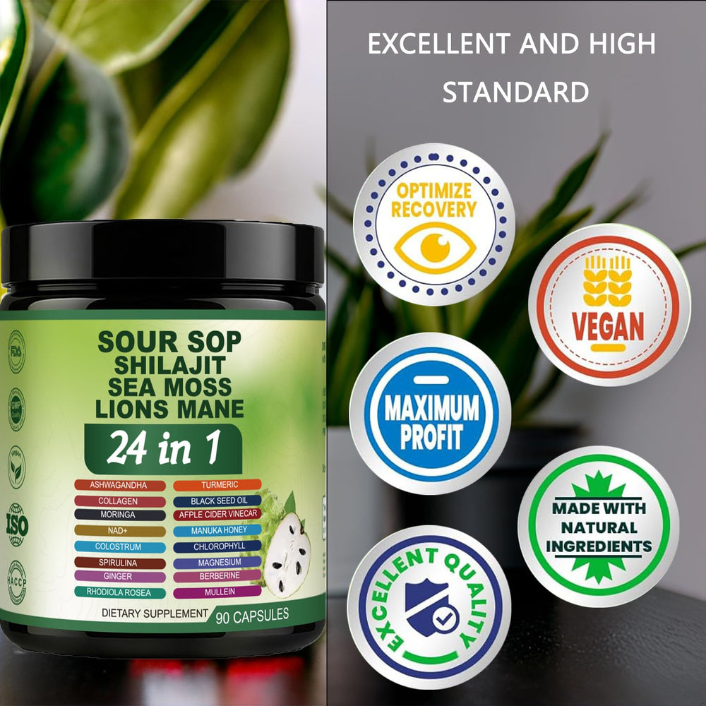 Close-up of Soursop Capsules bottle label highlighting 24-in-1 formula