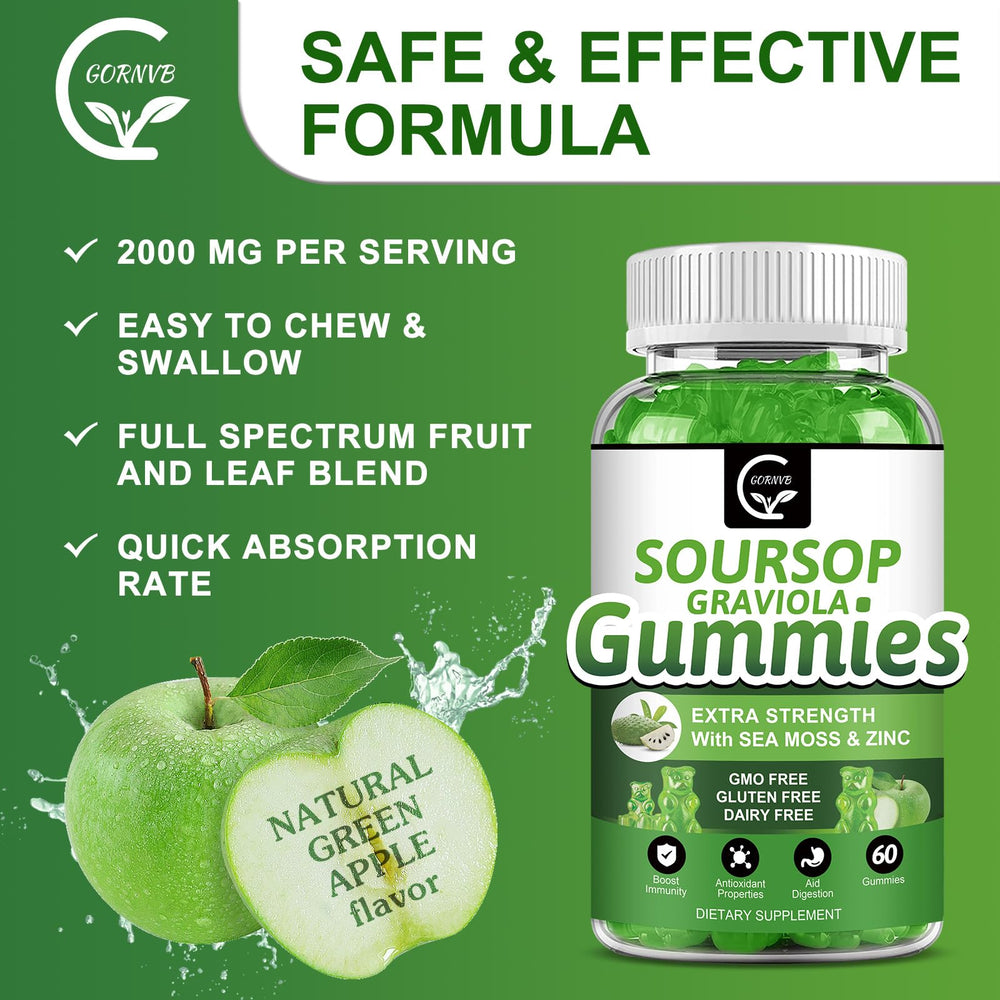 Graphic showing key ingredients: Soursop Leaves Extract, Sea Moss, Zinc, Vitamin C