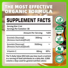 Close-up of Soursop Graviola liquid drop bottle label