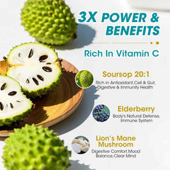 Close-up of ingredients: elderberry, lion's mane, soursop graviola