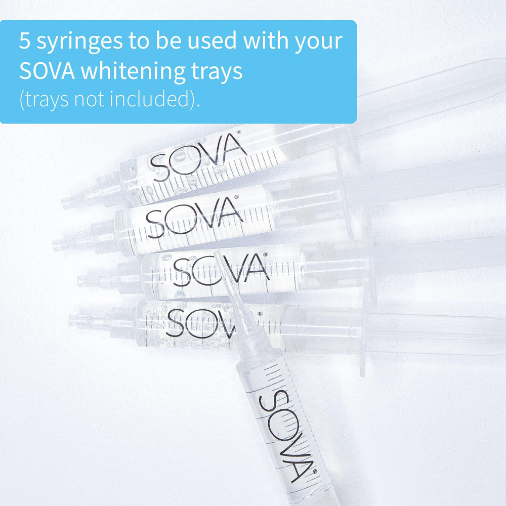 Close-up of SOVA White whitening gel syringe