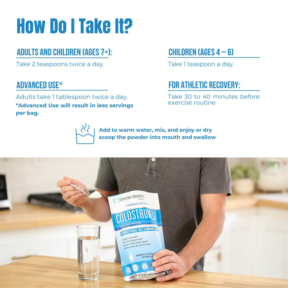 Daily-use powder in a glass with water for convenient gut support.