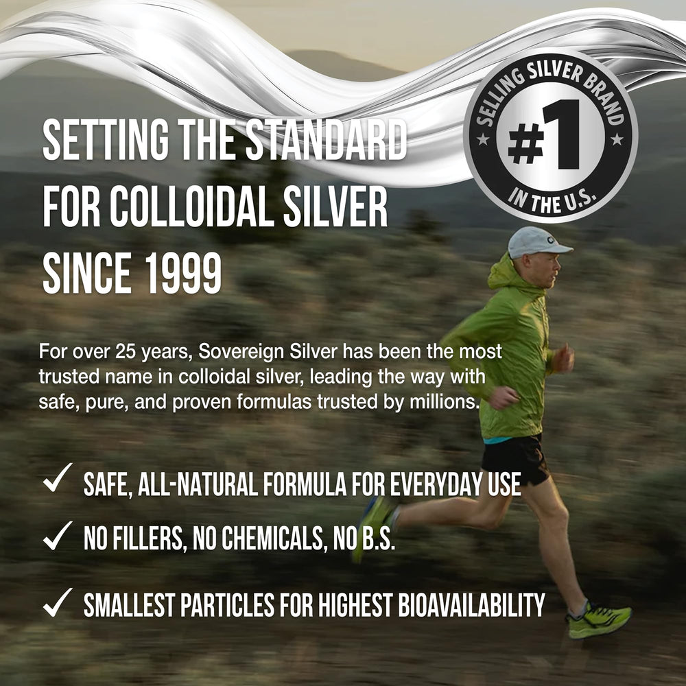 Sovereign Silver amber glass bottle resting on kitchen counter ready for daily use.