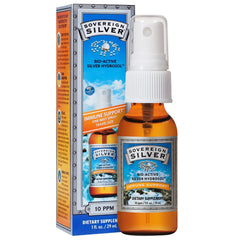 Glass bottle of Sovereign Silver Bioactive Silver Hydrosol 10 PPM 1 Ounce in a clear glass bottle