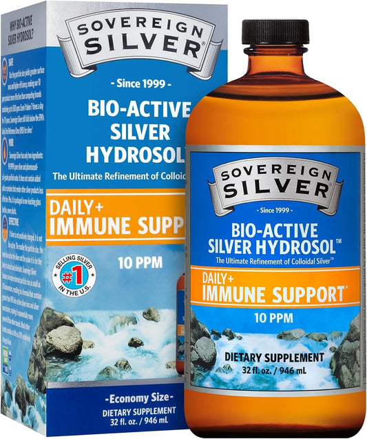 Front view of Sovereign Silver Immune Support 32 oz bottle