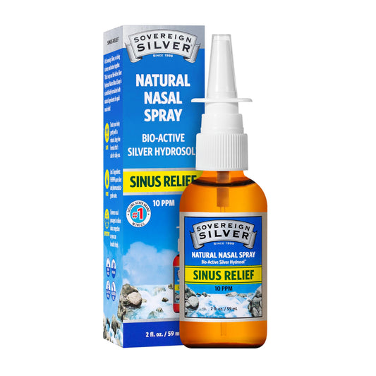 Amber glass Sovereign Silver Nasal Spray bottle with spray nozzle