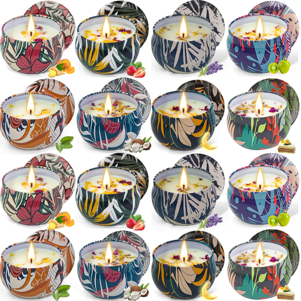 Set of 16 small soy wax candles in reusable tins