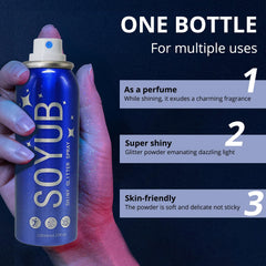 SOYUB Body Glitter Spray on face for a glowing evening look.
