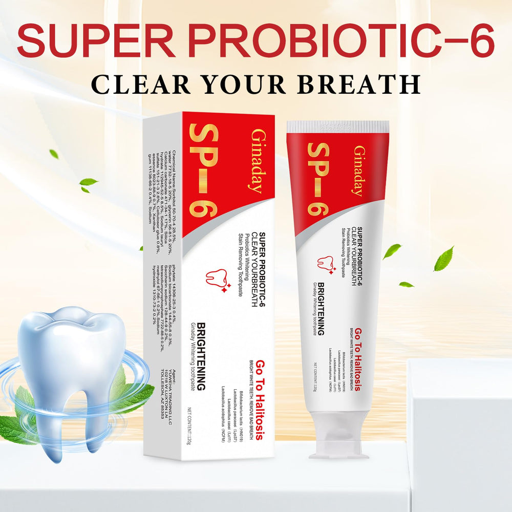 Close-up of SP-6 toothpaste showing probiotic formula