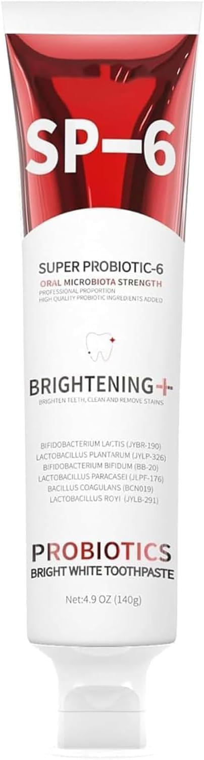 SP-6 Probiotic Whitening Toothpaste tube with six probiotic icons