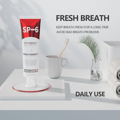 Close-up of SP-6 toothpaste displaying fluoride-free label