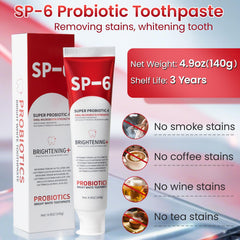 Close-up of SP-6 probiotic toothpaste tube