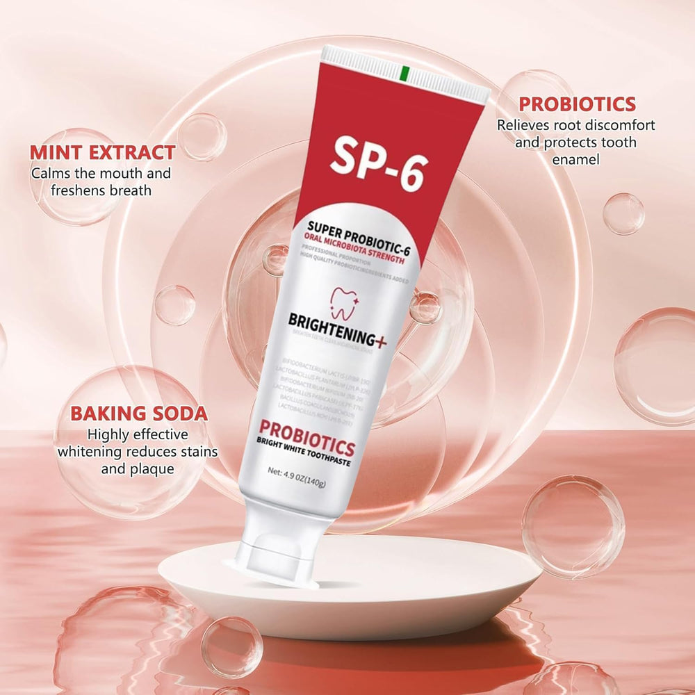 SP-6 Probiotics toothpaste packaging on white background