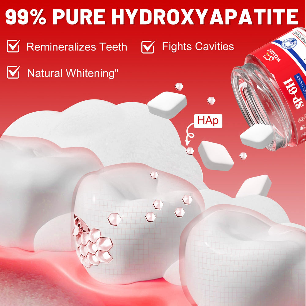 Graphic showing enamel repair with hydroxyapatite (40% faster)