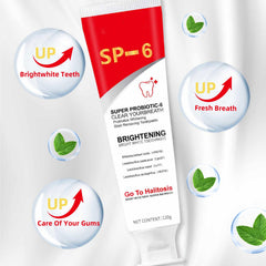 Close-up of SP-6 toothpaste tube showing Ultra Whitening formula