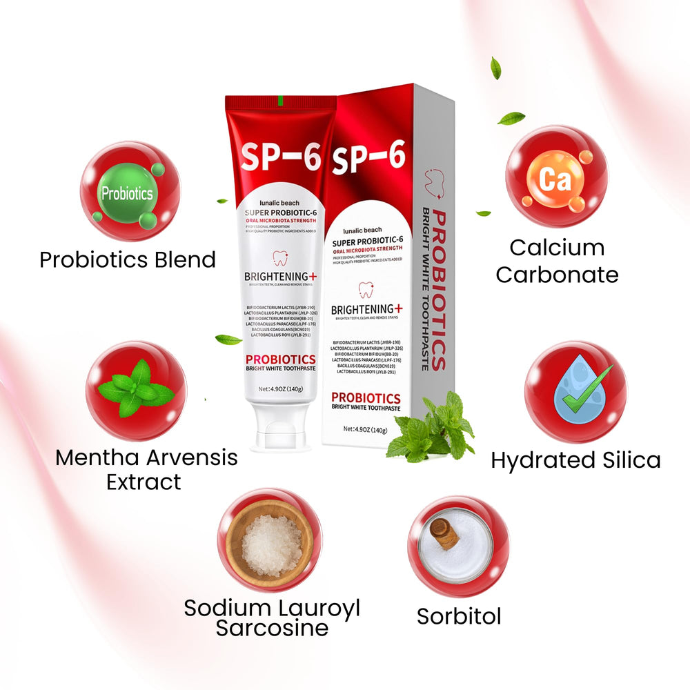 SP6 Probiotic toothpaste packaging display and branding