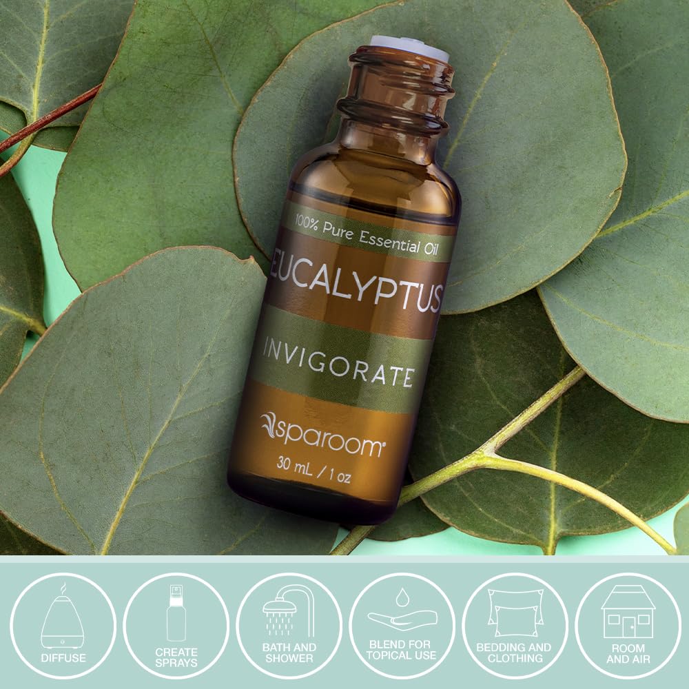 Close-up of SpaRoom Eucalyptus essential oil bottle