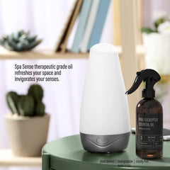 Spa Sense eucalyptus spray near diffuser and towels