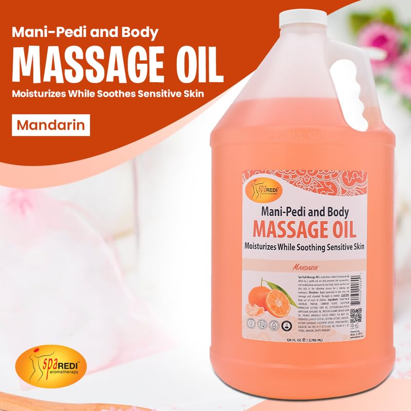 Close-up of Spa Redi 128 Oz massage oil bottle