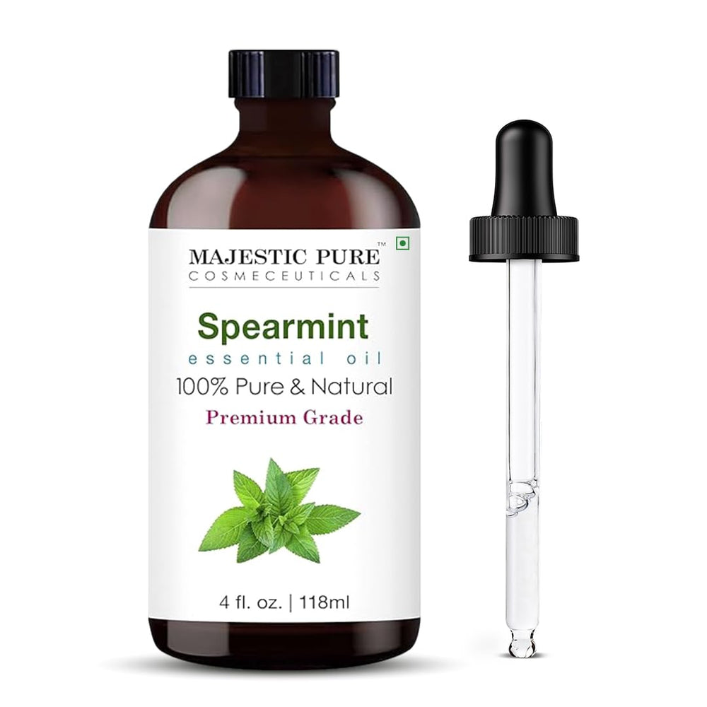 Spearmint essential oil in amber glass bottle with 4 oz label