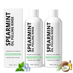 2Pcs Spearmint Oil Pulling Rinse bottle with coconut oil and peppermint label