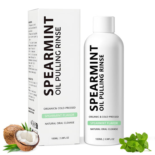 Spearmint Oil Pulling Rinse bottle with coconut oil for teeth