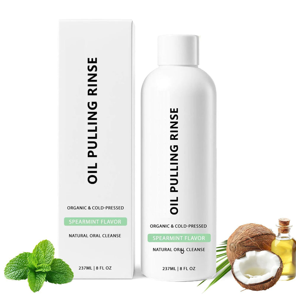 Spearmint Oil Pulling Rinse bottle front view with mint label