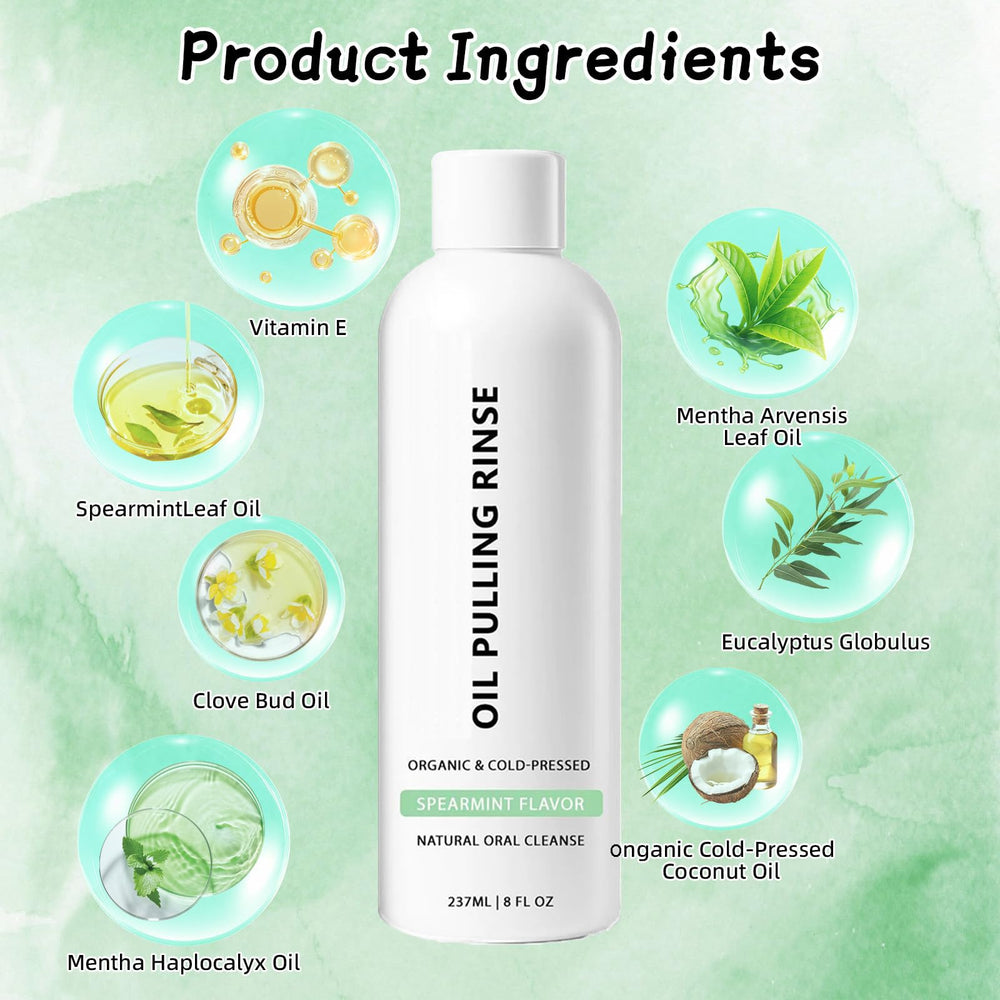 Mint leaves and bottle representing fresh breath for Spearmint Oil Pulling Rinse