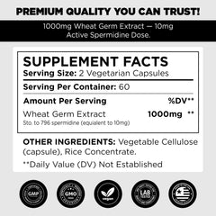 Close-up of product label highlighting 1000mg Wheat Germ Extract for Spermidine