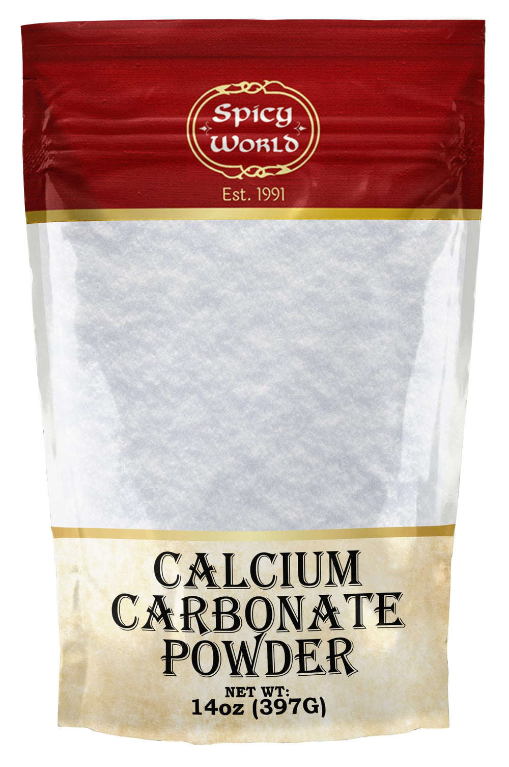 Front label of Spicy World Calcium Carbonate Powder 14oz