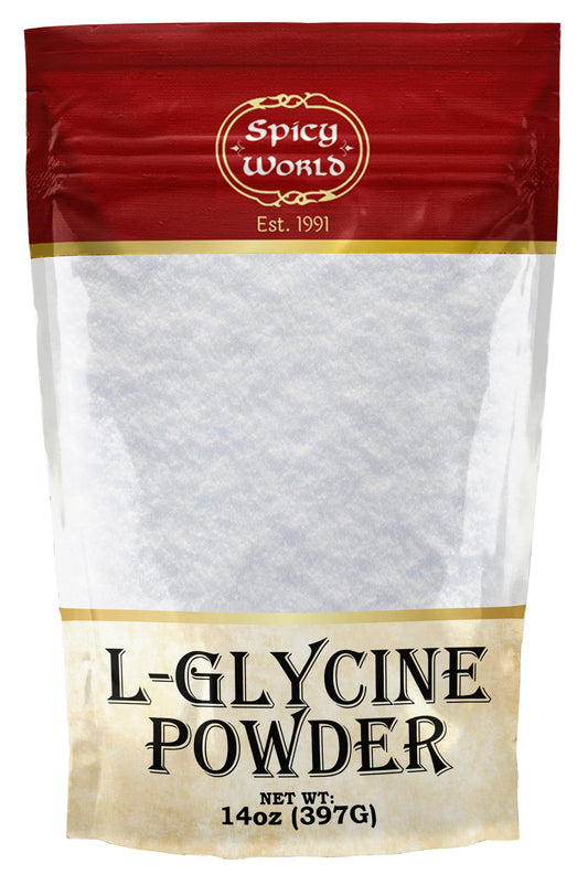 Front view of Spicy World L-Glycine Powder 14oz in resealable bag