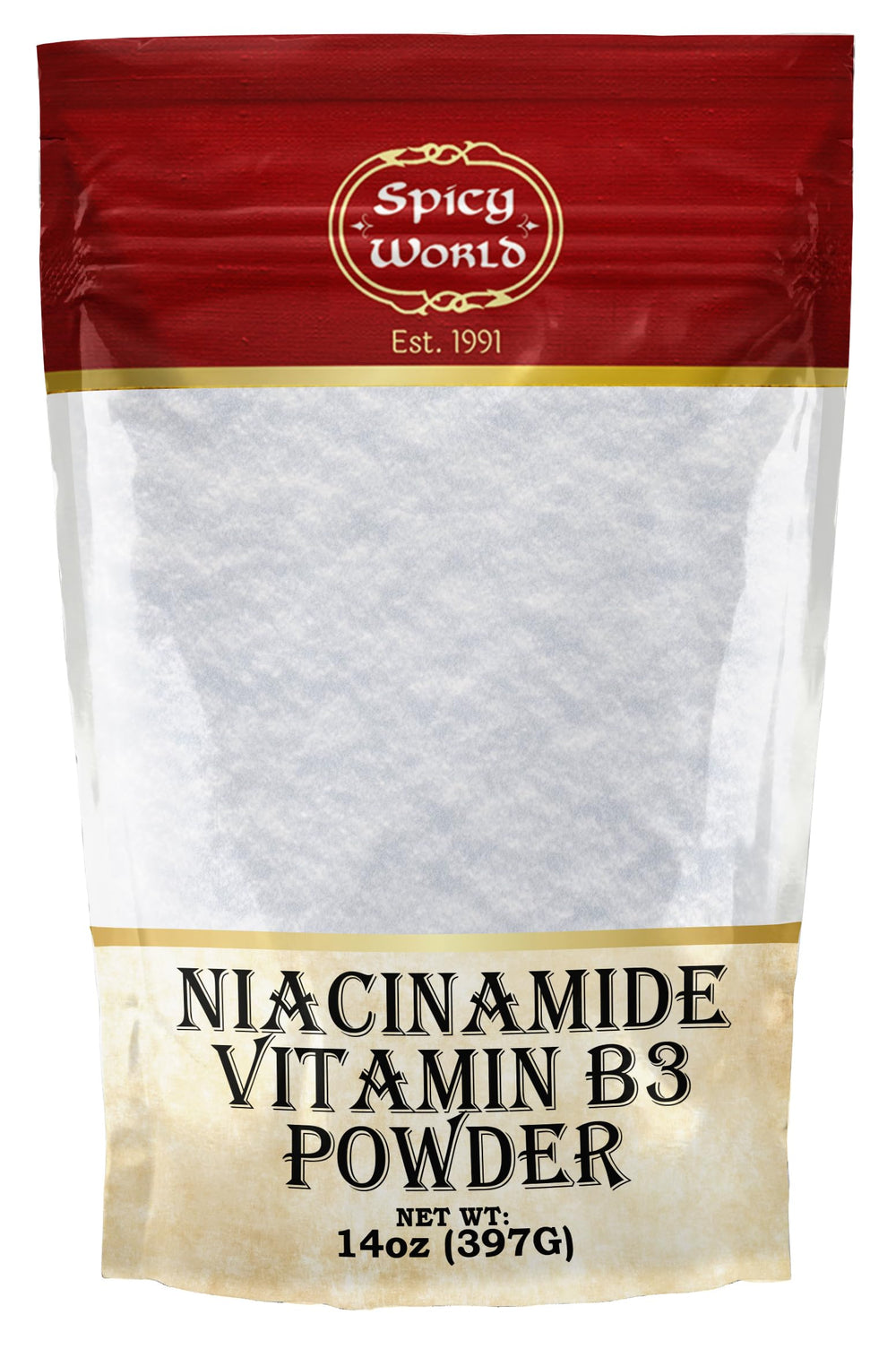 Front view of Spicy World Niacinamide Vitamin B3 Powder 14oz bag