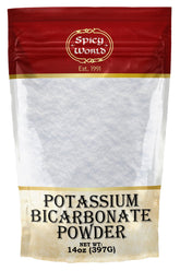 Front view of Spicy World Potassium Bicarbonate Powder 14oz bag