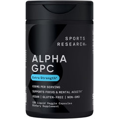 Sports Research Alpha GPC 630mg bottle front showing extra strength formula for focus support