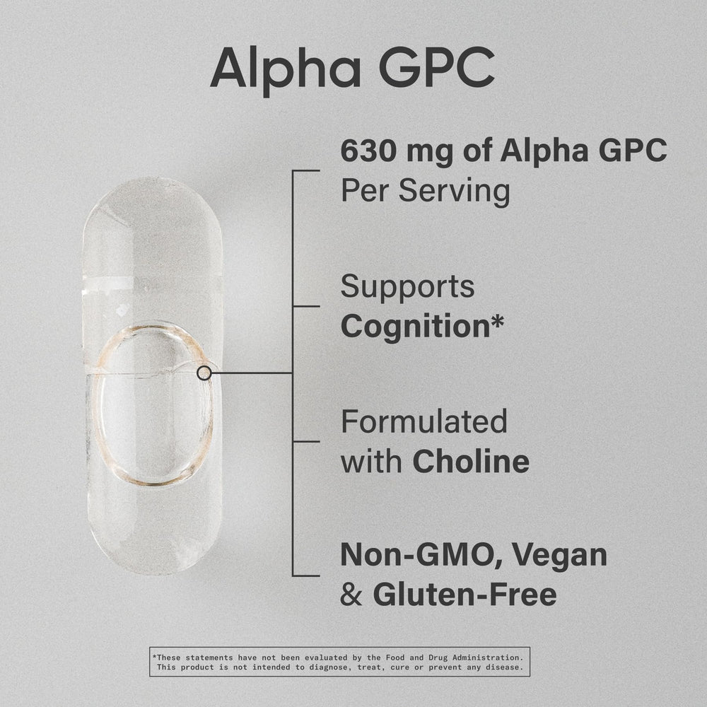 Sports Research Alpha GPC 630mg bottle side view highlighting vegan-certified and gluten-free formula