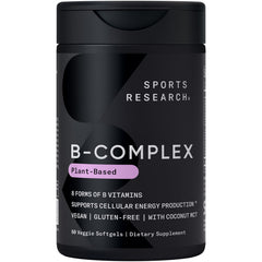Front label of Sports Research Vitamin B-Complex Full Spectrum 60 veggie softgels bottle.
