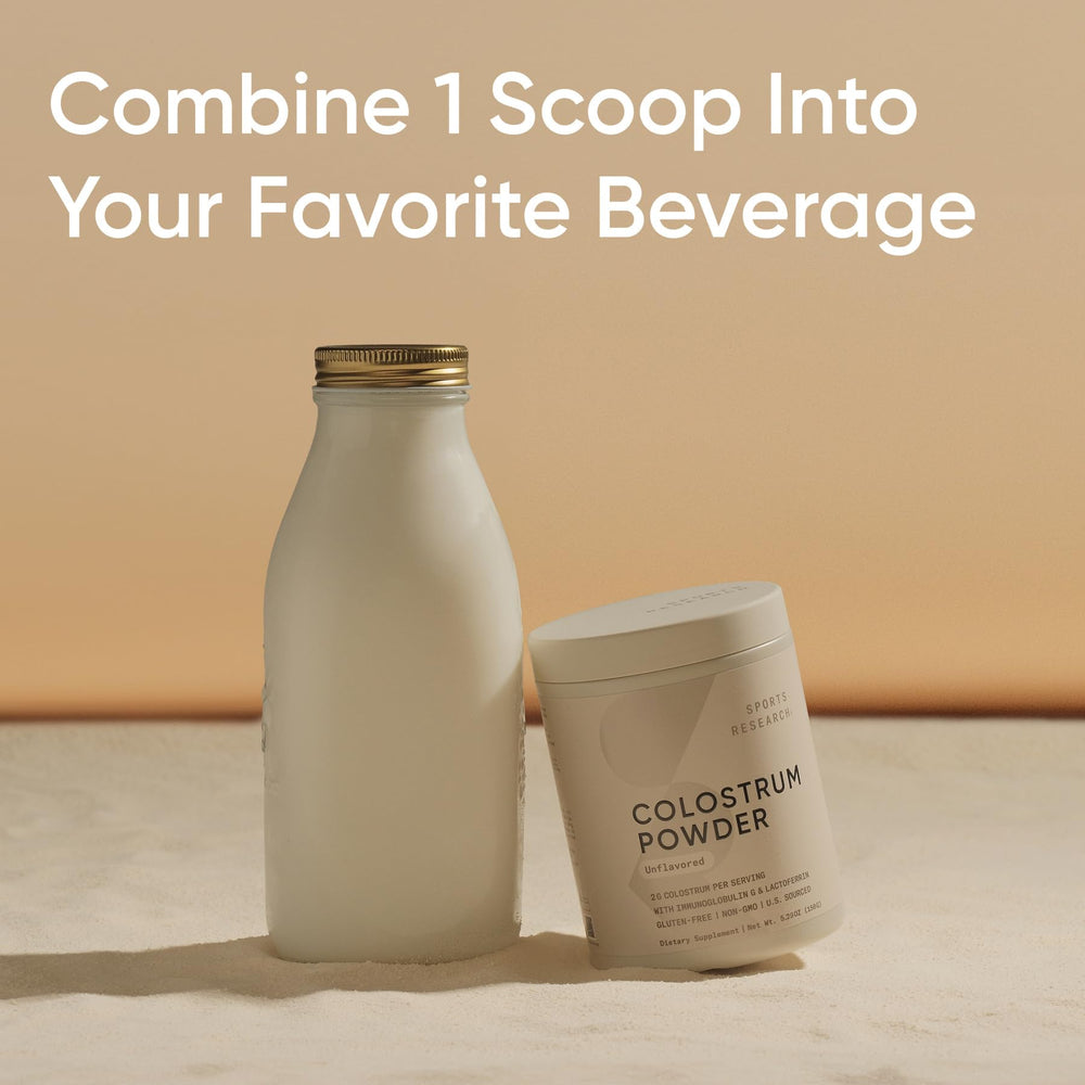 Sports Research Colostrum Powder being poured into a glass—easy to mix