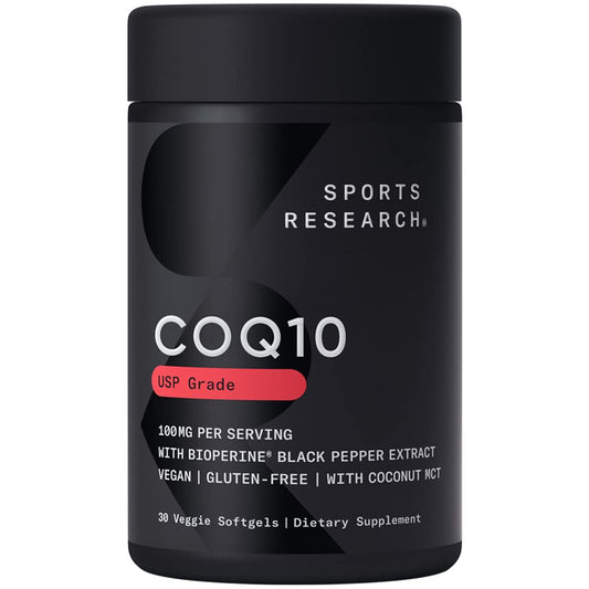 Sports Research CoQ10 100mg bottle with coconut oil and Bioperine