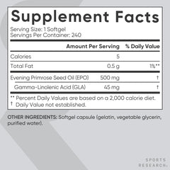 Close-up of Evening Primrose Oil 500mg label showing 10% GLA