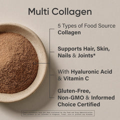 Jar and scoop of chocolate collagen powder on a kitchen counter