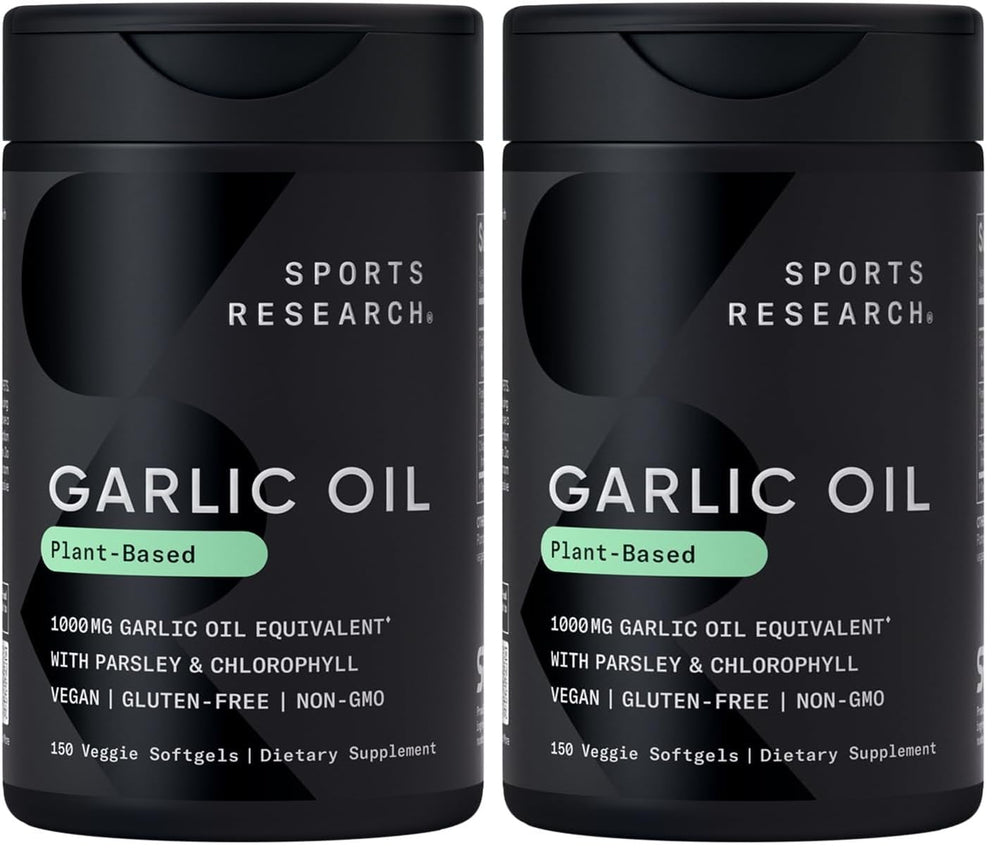 Hero image: Sports Research Odorless Garlic Oil Pills 1000 mg with Parsley and Chlorophyll for a 2-pack.