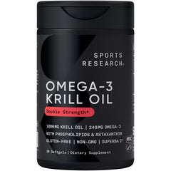 Front view of Sports Research Omega-3 Krill Oil 1000mg Double Strength bottle