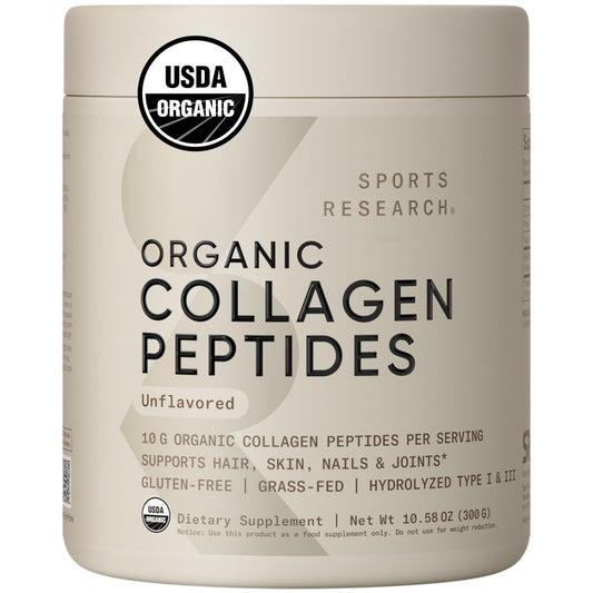 Sports Research Organic Collagen Peptides bottle with scoop