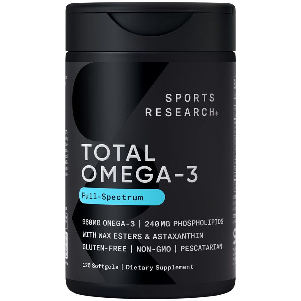 Sports Research Total Omega-3 bottle close-up showing high EPA and DHA.