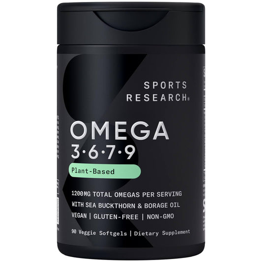 Front view of Sports Research Vegan Omega 3-6-7-9 1200 mg softgels