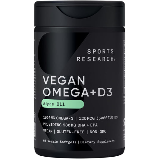 Sports Research vegan omega-3 and vitamin D3 softgels bottle front hero